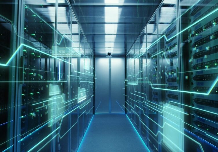 Futuristic server room with advanced servers, routers, and networking equipment