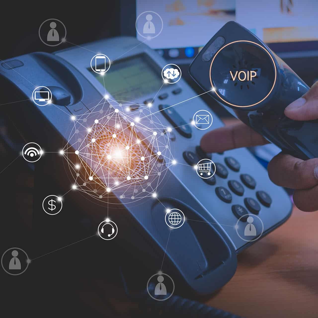 Hand of man using ip phone with flying icon of voip services and people connection, voip and telecommunication